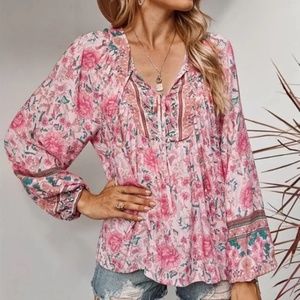 Pink Floral Bohemian Peasant Blouse